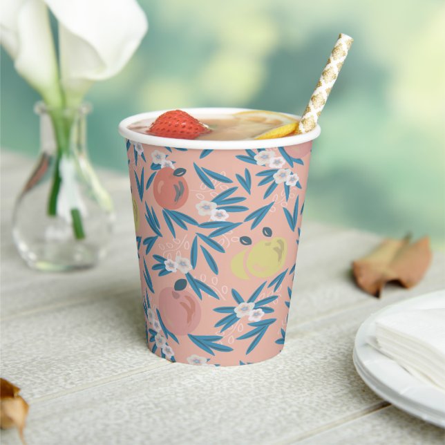 Apple Floral Pattern Coral Pink Paper Cups (Insitu)