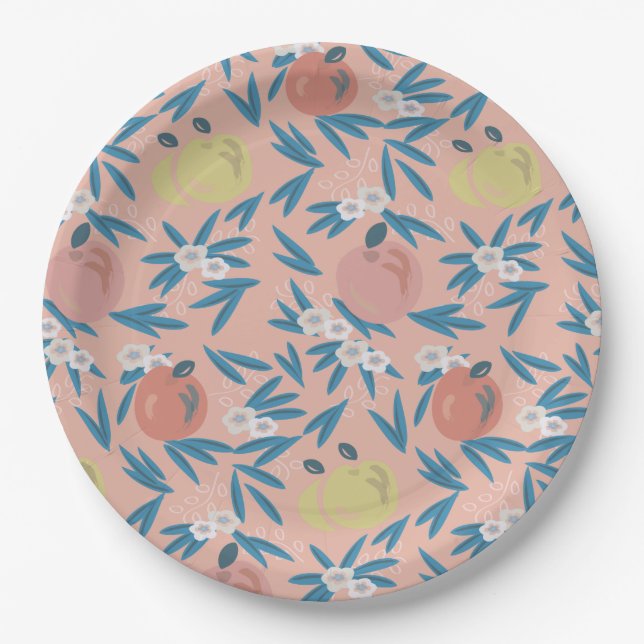 Apple Floral Pattern Coral Pink Paper Plate (Front)