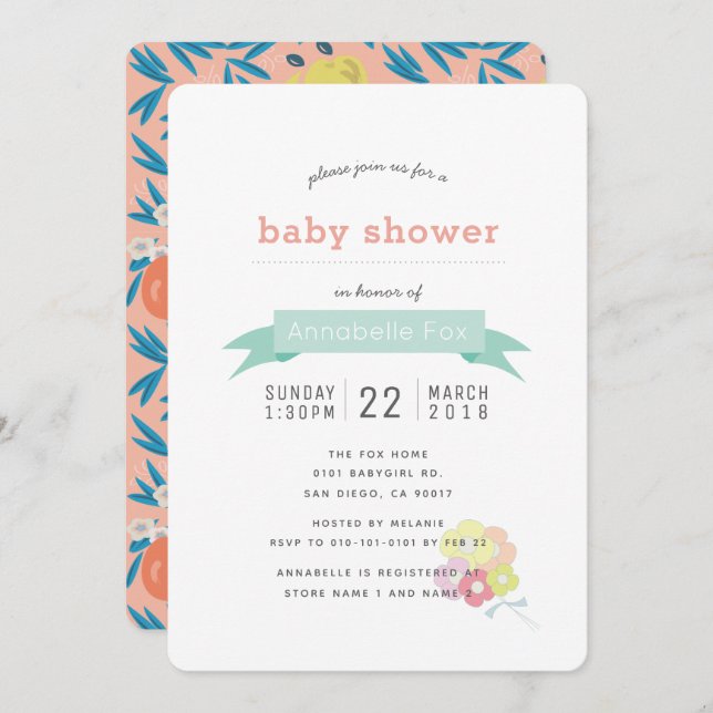 Apple Floral Pink Navy Baby Shower Invitation (Front/Back)