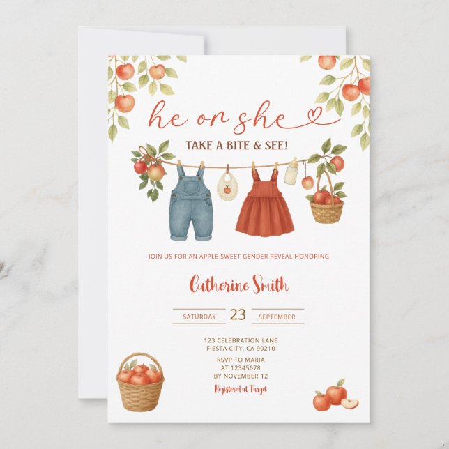 Apple gender reveal watercolor he or she  invitation (Front)