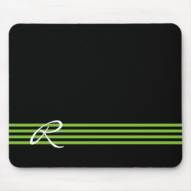 Apple Green and Black Stripes with Monogram Mouse Pad (Front)