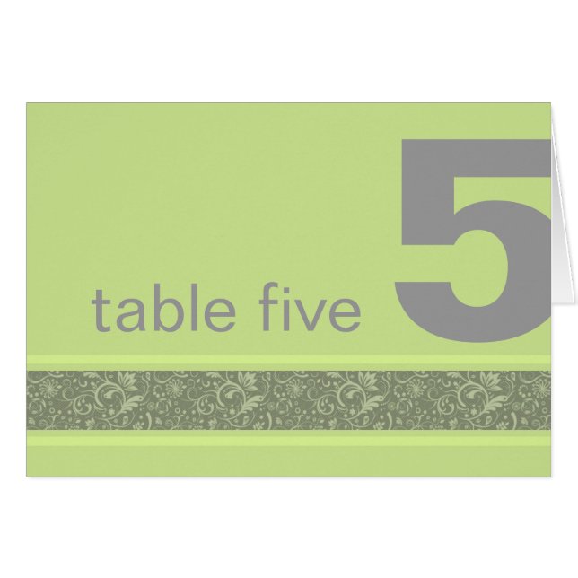 Apple Green and Grey Floral Damask Table Number (Front Horizontal)