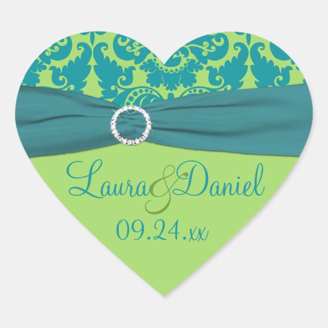 Apple Green and Turquoise Damask Wedding Sticker (Front)