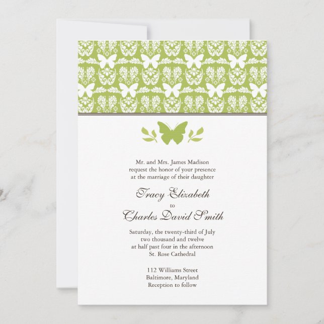 Apple Green and White Butterfly Wedding Invitation (Front)