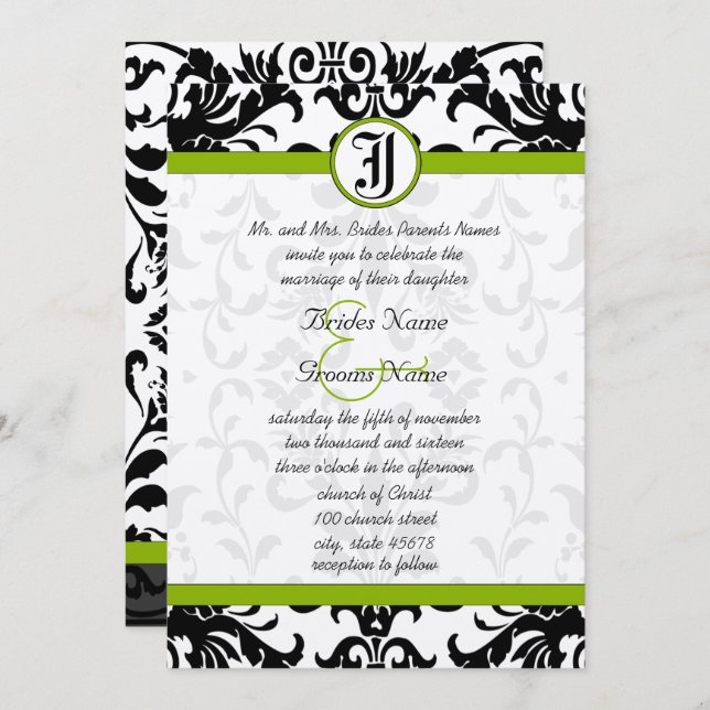 Apple Green & Black Damask Wedding Invitation (Front/Back)