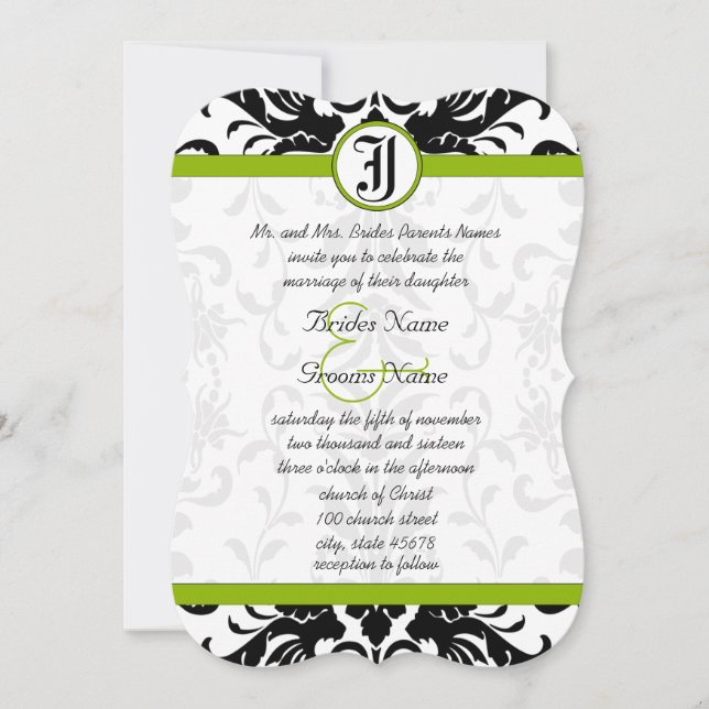 Apple Green & Black Damask Wedding Invitation (Front)