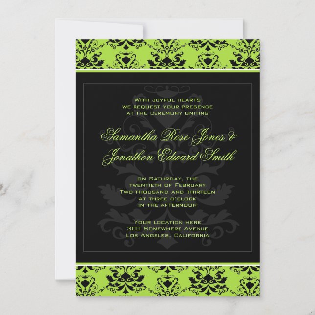 Apple Green & Black Damask Wedding Invitation (Front)