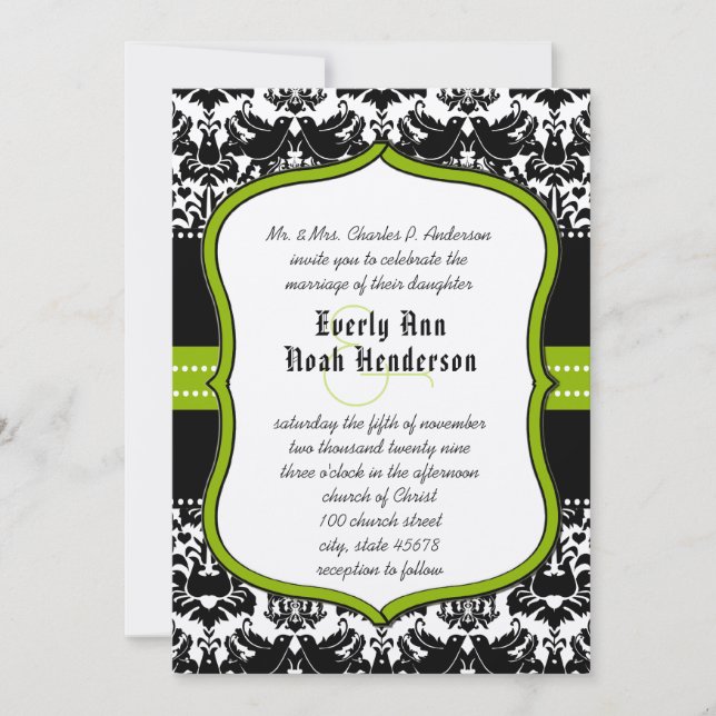Apple Green Black Love Birds Damask Wedding Invitation (Front)