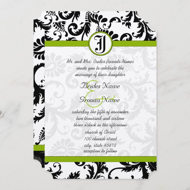 Apple Green Black Unique Damask Wedding Invitation (Front/Back)