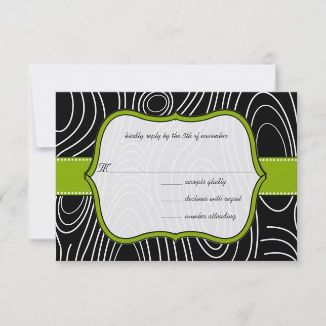 Apple Green & Black Wood Grain Wedding Dots RSVP Card (Front)
