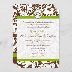 Apple Green & Brown Damask Wedding Invitation