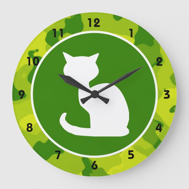 Apple Green Camo; White Cat Large Clock (Front)