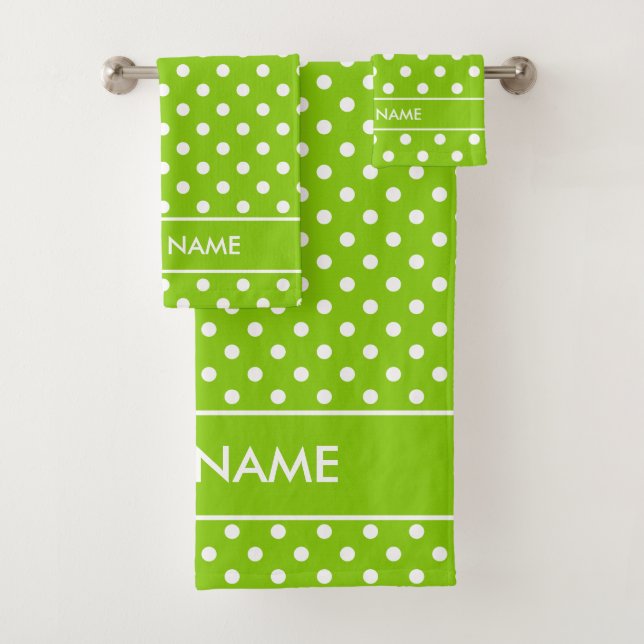 Apple green cute polka dots print personalised bath towel set (Insitu)