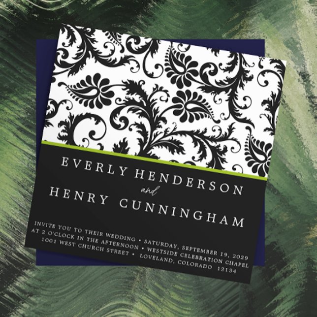 Apple Green Damask Monogram Wedding Invitation (Creator Uploaded)