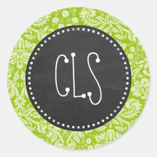 Apple Green Damask Pattern; Chalkboard Classic Round Sticker