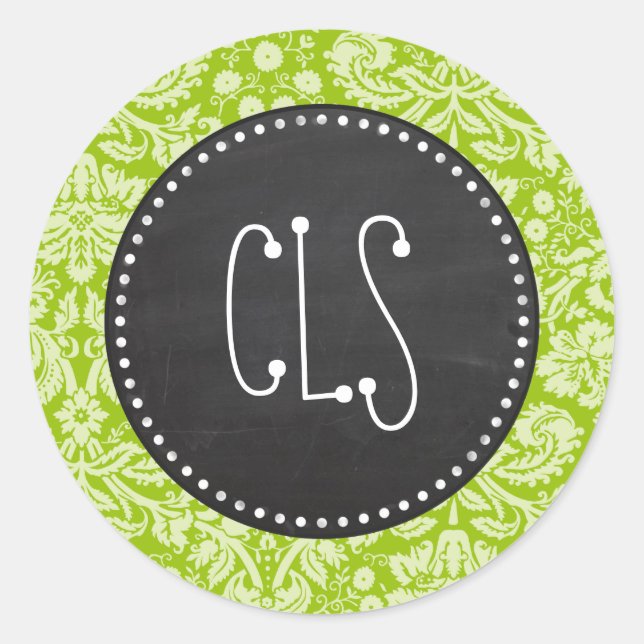 Apple Green Damask Pattern; Chalkboard Classic Round Sticker (Front)