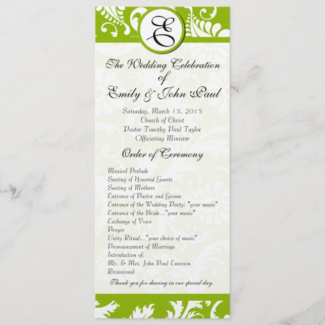 Apple Green  Damask Swirls Wedding Program (Front)