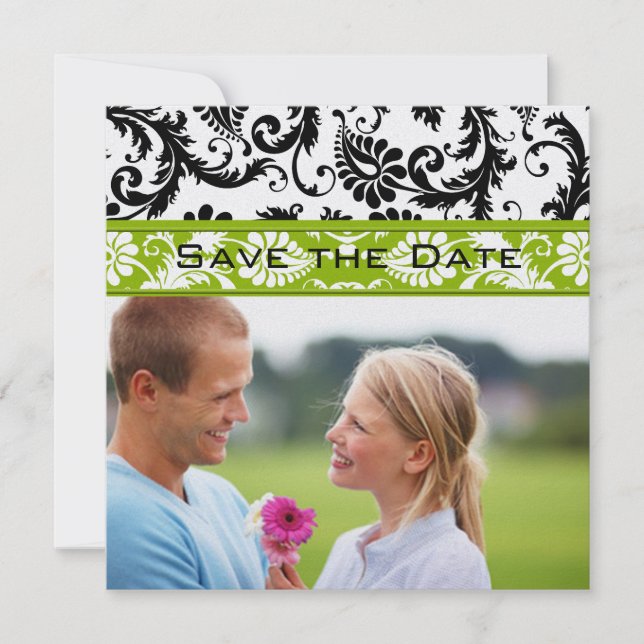 Apple Green Damask Swirls Wedding Save the Date (Front)