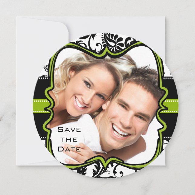 Apple Green Damask Swirls Wedding Save the Date (Front)