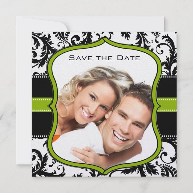 Apple Green Damask Swirls Wedding Save the Date (Front)