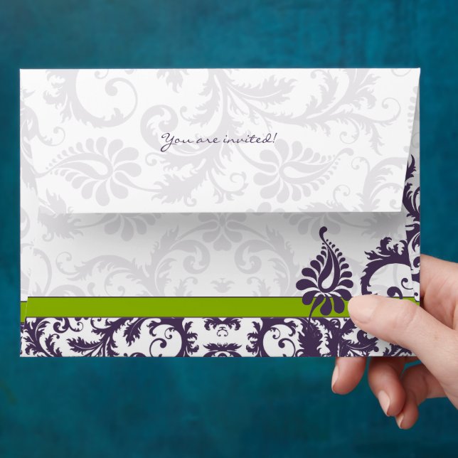Apple Green Lapis Purple Damask Wedding Envelopes (Hand)