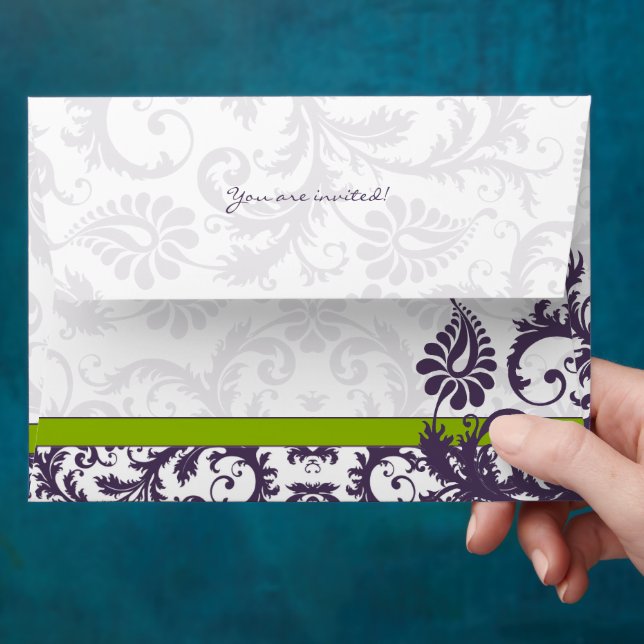 Apple Green Lapis Purple Damask Wedding Envelopes (Hand)