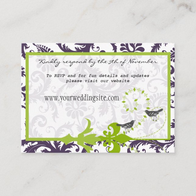 Apple Green Lapis Purple Damask Wedding Info Cards (Front)