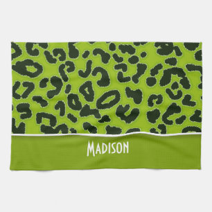 Apple Green Leopard Animal Print; Personalised Tea Towel