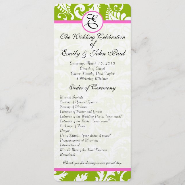 Apple Green & Pink Damask Swirls Wedding Program (Front)