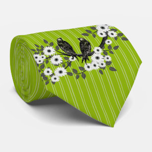 Apple Green Stripes Vintage Bird Daisy Wedding Tie