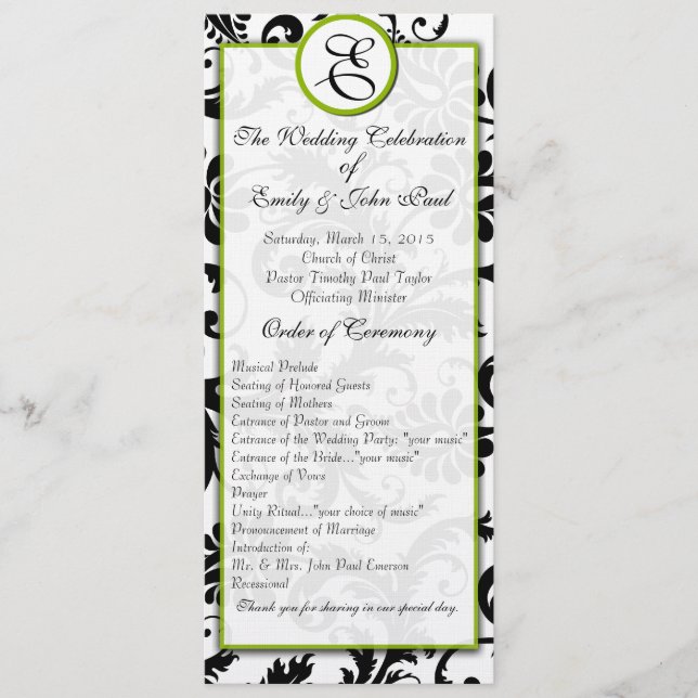 Apple Green Trim Black Damask  Wedding Program (Front)
