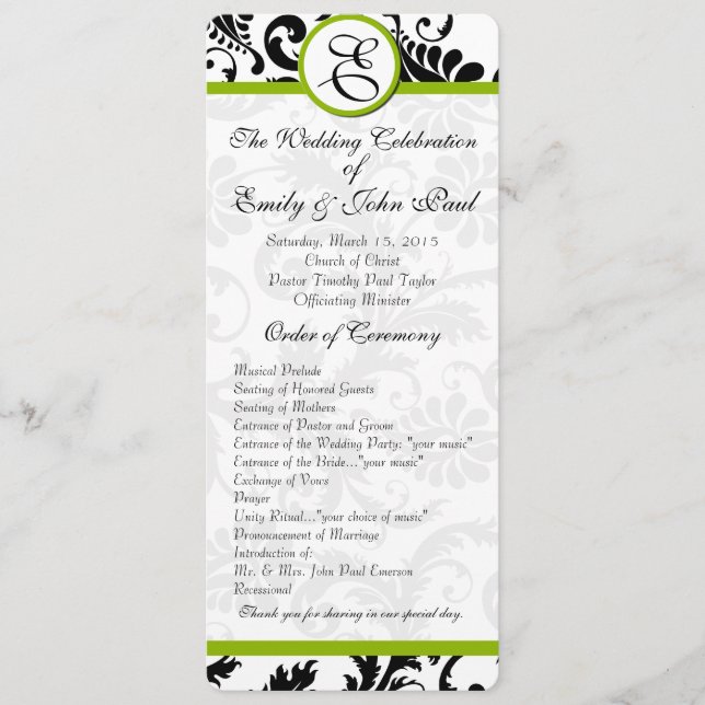 Apple Green Trim Black Damask  Wedding Program (Front)