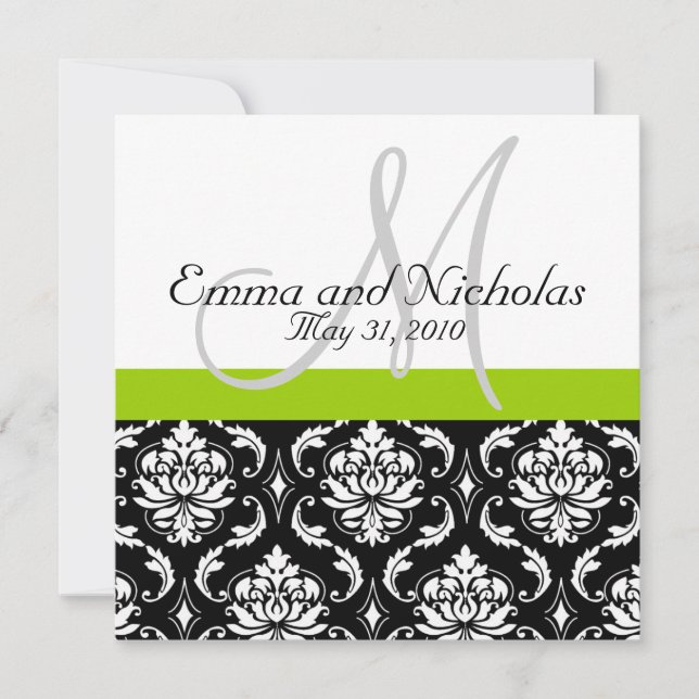 Apple Green Wedding Invitation Monogram Damask (Front)
