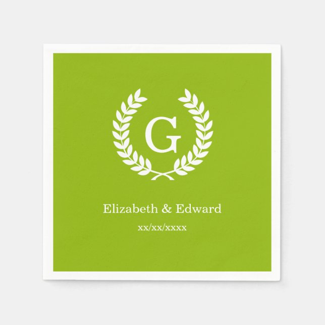 Apple Green Wheat Laurel Wreath Initial Monogram Napkin (Front)