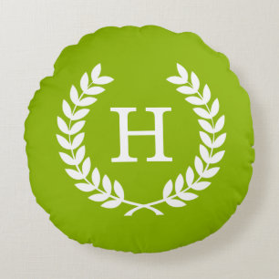Apple Green Wheat Laurel Wreath Initial Monogram Round Cushion