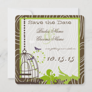 Apple Green Whimsical Wood Grain Birdcage Wedding Invitation