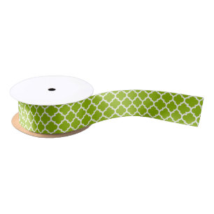 Apple Green White Moroccan Quatrefoil Pattern #5 Satin Ribbon