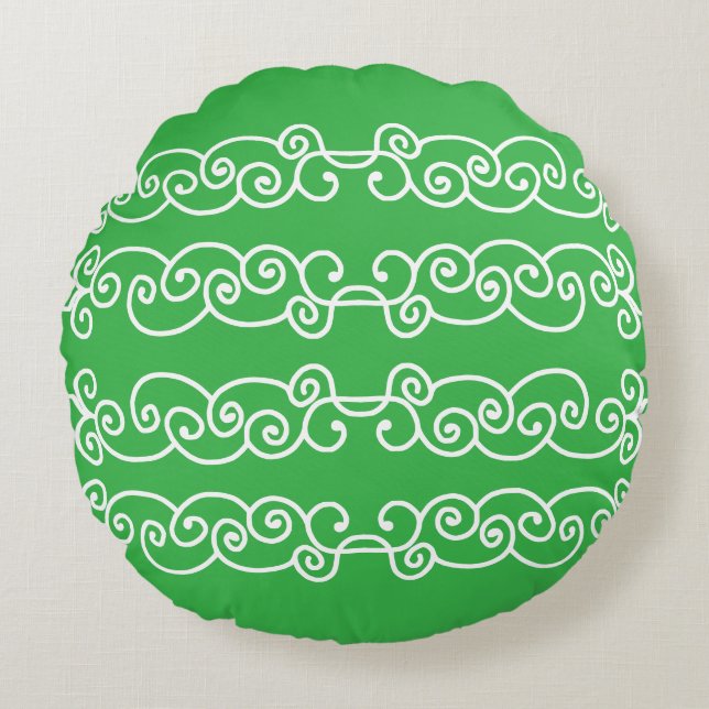 Apple green white scrolls round cushion (Front)