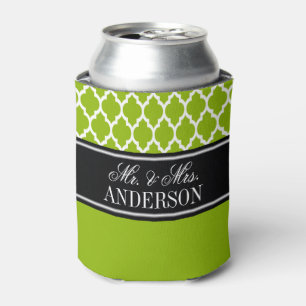 Apple Green Wht Moroccan #4 CB Black Name Wedding Can Cooler