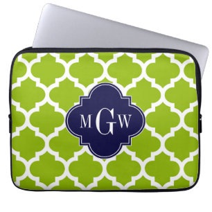 Apple Green Wt Moroccan #5 Navy 3 Initial Monogram Laptop Sleeve