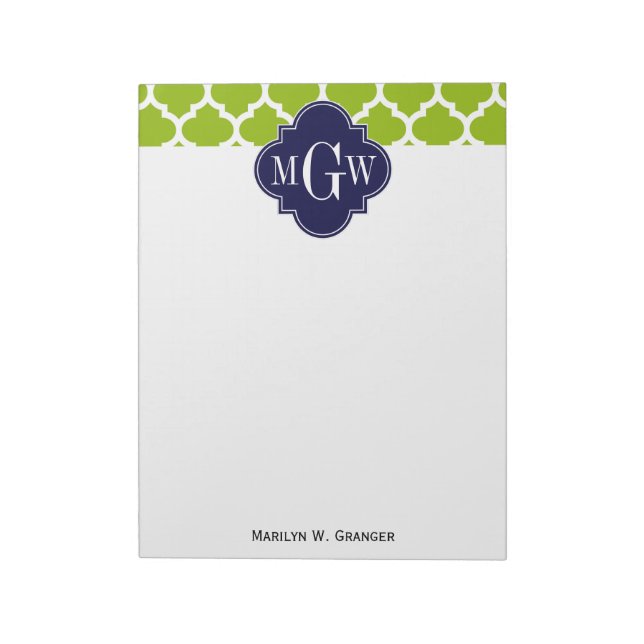 Apple Green Wt Moroccan #5 Navy 3 Initial Monogram Notepad (Rotated)