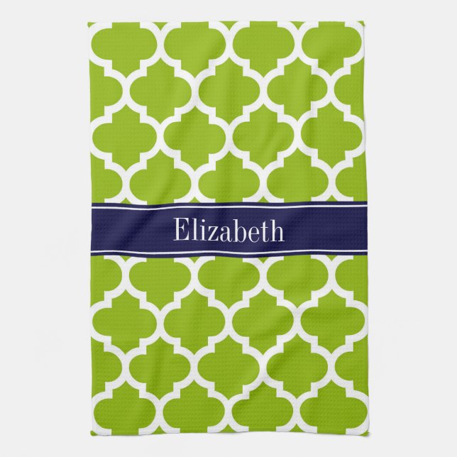 Apple Grn Wht Moroccan #5 Navy Blue Name Monogram Tea Towel (Vertical)