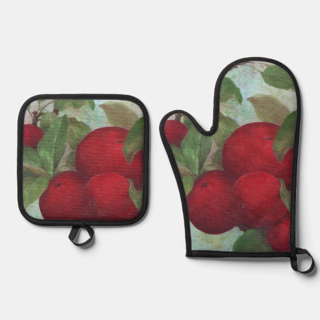 Apple Harvest, Red and Green  Oven Mitt & Pot Holder Set (Front)