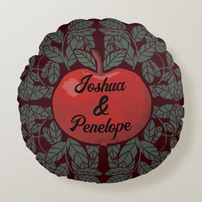 Apple in a tree, personalised, names, rustic round cushion (Front)