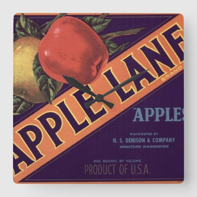 Apple Lane Brand Crate Label Square Wall Clock (Front)