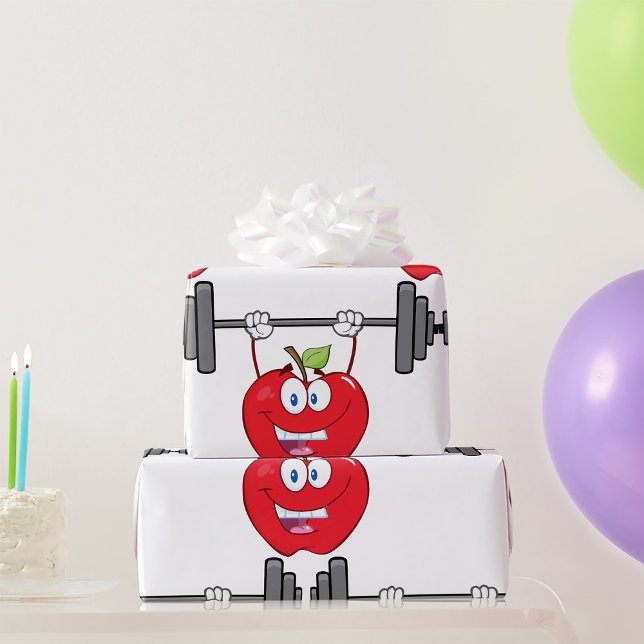 Apple Lifting Weights Fitness Fruit Character  Wrapping Paper (Creator Uploaded)