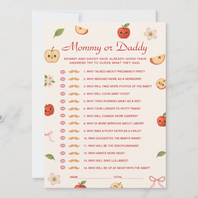 Apple of My Eye Baby Shower Guess Who Game Card (Front)