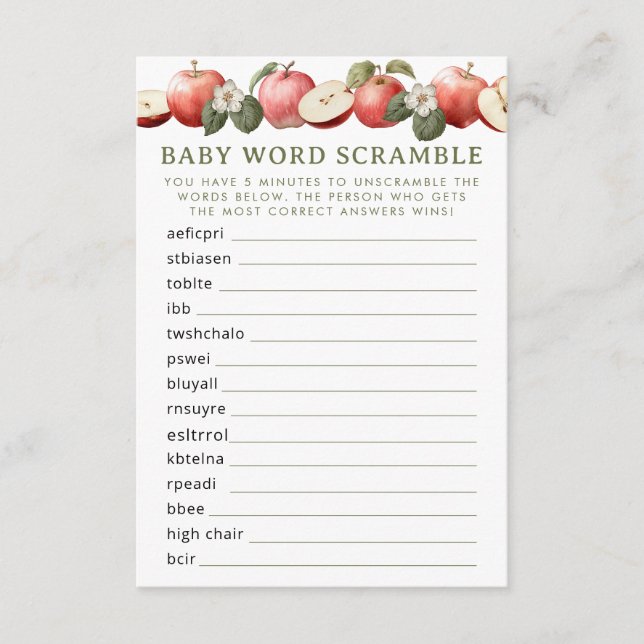 Apple of Our Eye Baby Shower Word Scramble Game Enclosure Card (Front)