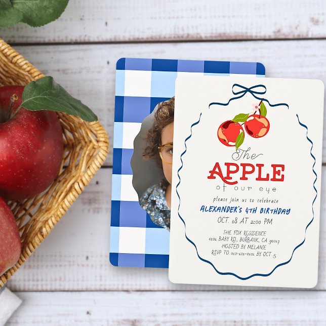 Apple of our Eye Blue Bow Boy Birthday Invitation (Creator Uploaded)