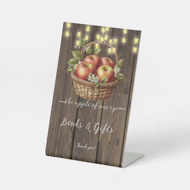 Apple Of Our Eye Fall Floral Wood Baby Shower Pedestal Sign (Front)